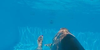 沉默Vs.NOICE水下拍摄的清澈的蓝色水和游泳者的影子