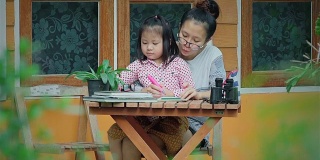 妈妈帮女儿在书桌上画画
