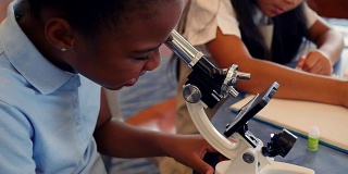 可爱的非裔美国小学生在生物课上使用显微镜