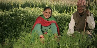 快乐的尼泊尔农民夫妇在他们的农场。