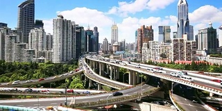 上海市中心的高架道路，交通拥挤，建筑现代化