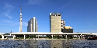 东京塔附近的现代办公大楼在蓝天河边