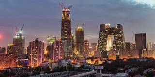 T/L MS HA PAN View of Beijing Skyline and Construction Site, Day to Night Transition /北京，中国
