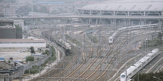 中国北京火车站列车鸟瞰图