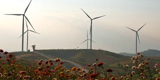 多莉拍摄的风力涡轮机农场在日落