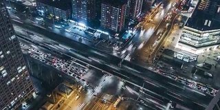 北京繁忙道路交汇处夜间鸟瞰图