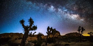 银河和星星在约书亚树沙漠-时间流逝