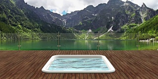 旅游胜地-露台和热水浴缸在美丽的山湖。替换背景如你所愿。