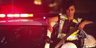女警察站在警车旁，警灯闪烁