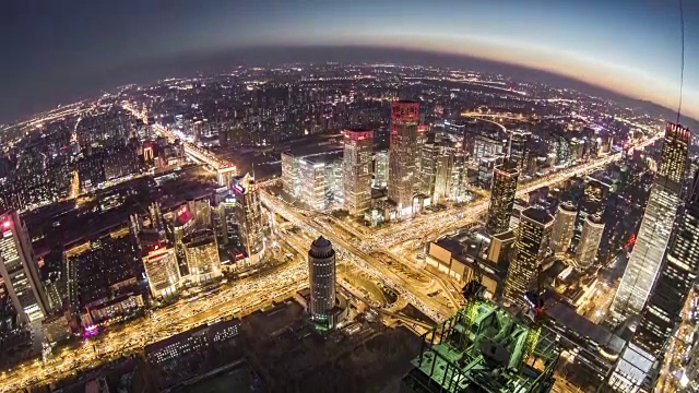 T/L HA TD Fish eye View of Beijing Urban Skyline, Dusk to Night Transition /北京，中国