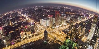 T/L HA TD Fish eye View of Beijing Urban Skyline, Dusk to Night Transition /北京，中国