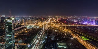 中国北京，T/L WS HA ZI路交叉口和夜间立交桥/四会桥