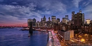 日落，黄昏和曼哈顿下城的夜晚
