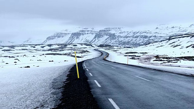 平移拍摄:道路延伸冰岛冬季景观雪山