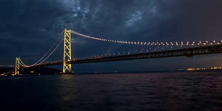 延时4k明石海峡大桥日落天空在神户港，日本