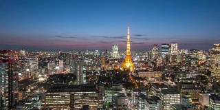 时间流逝在黄昏时间东京塔城市景观，东京天际线关东日本