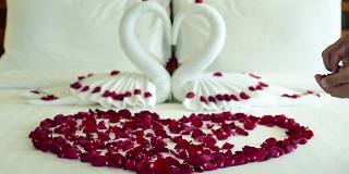 客房服务员在床上撒了许多玫瑰花瓣