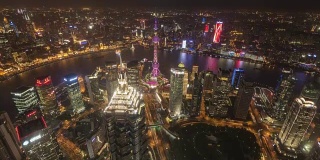 上海天际线鸟瞰图白天到晚上，倾斜下来