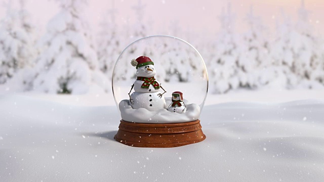 圣诞雪花球4K循环动画与父亲和儿子雪人