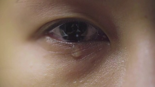 特写:眼泪从眼睛里流出，沿着脸颊流下。悲伤的受虐女性棕色眼睛哭泣，亚洲模特。视频素材模板下载