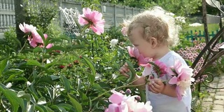 小女孩在闻一朵花。
