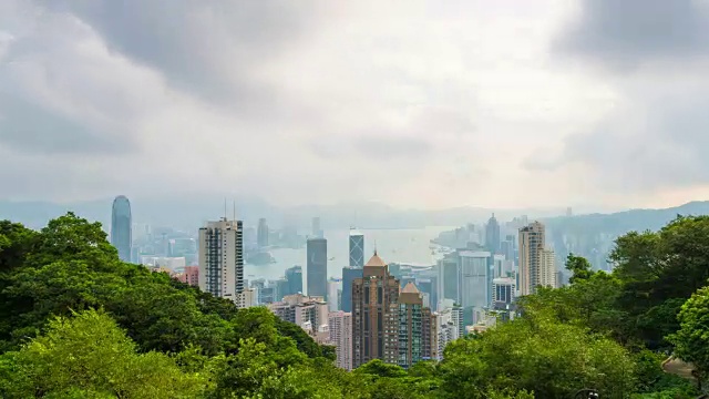 4K时间流逝:香港城市的高层摩天大楼。现代城市商务区背景