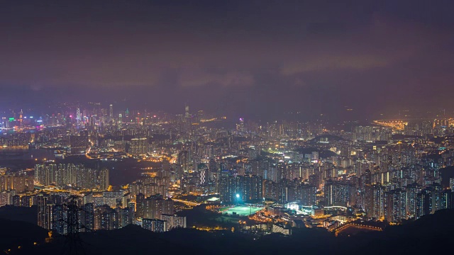 4K时间流逝:香港城市的高层摩天大楼。现代都市夜间商业区背景