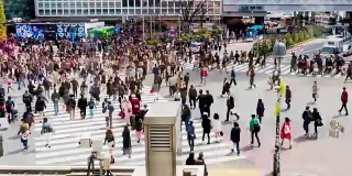 4K时光流逝:日本东京涉谷十字路口的人群和行人