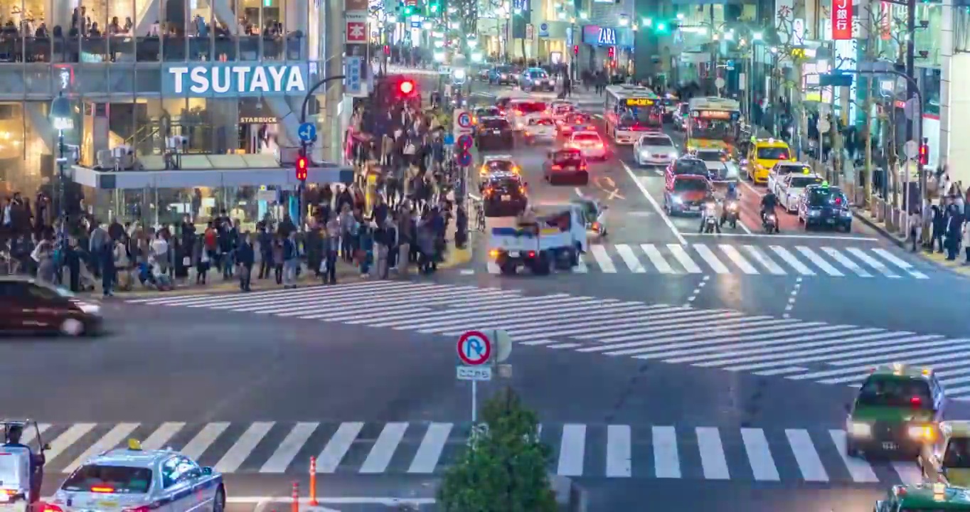 4K延时:日本东京涉谷步行街夜间鸟瞰图