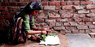 印度妇女以传统方式切蔬菜