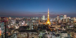 东京塔城市景观，东京天际线关东日本，多莉拍摄运动右向左