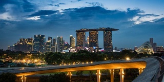 新加坡金融区和商业大厦的景观，在傍晚的灯光下，从绿色屋顶在Marina Barrage