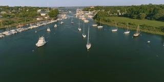 The aerial view to the yachts in the Marina in Mamaroneck, Westchester, New York, USA.