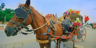 在泰国南邦，一家人正在享受一辆马车