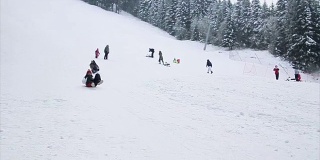 两个成年女子在滑雪坡上玩雪橇