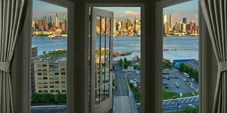 窗口视图纽约曼哈顿时光流逝城市摩天大楼日落