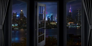 夜门窗观纽约时光流逝摩天大楼城市景观