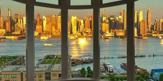 纽约城市景观黄昏时间流逝窗口全景城市景观曼哈顿