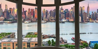 纽约城市景观日落时间流逝窗口全景城市景观曼哈顿
