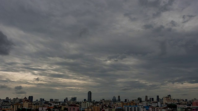 充满戏剧性的天空和移动的乌云。黑暗阴云密布，暴风雨来临前的延时运动。