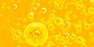 金色的背景。大、小金色气泡油里面的金色液体用于项目，油、蜂蜜、啤酒、果汁或其他变体。