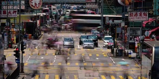 香港孟角的繁忙街道，交通和行人的时间流逝。