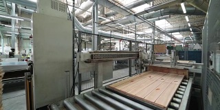 自动传送带使许多块拼花板在制造厂快速移动