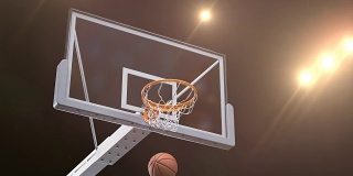职业篮球投篮，慢镜头飞。美丽的球飞进篮网球场黄金聚光灯闪光。运动概念3d动画