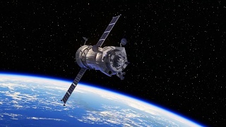 4 k。宇宙飞船在地球上方部署太阳能电池板。视频素材模板下载