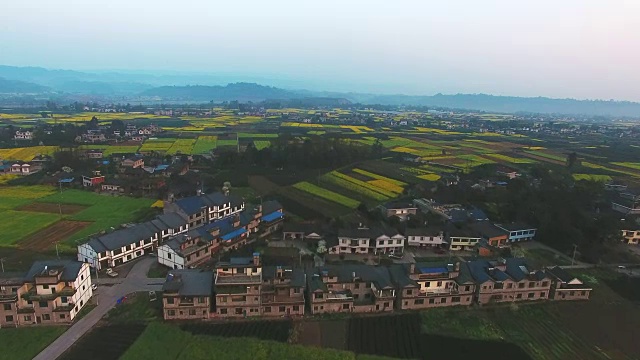 鸟瞰中国四川农村景观与油菜种子田和村庄，4k