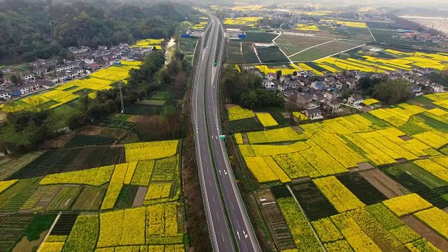 鸟瞰图的中国乡村景观在春天油菜种子盛开和村庄在高速公路