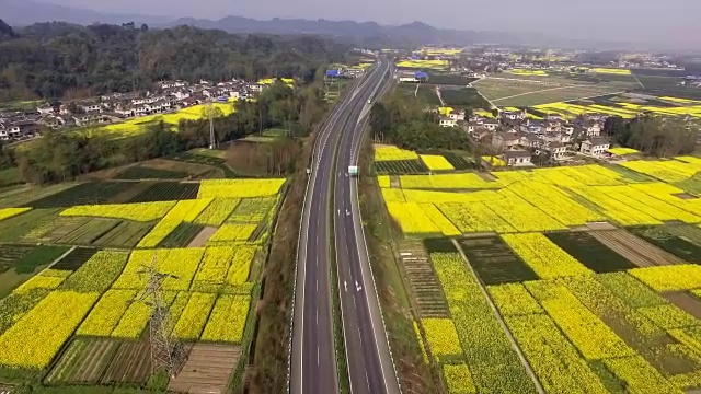 鸟瞰图的中国乡村景观在春天油菜种子盛开和村庄在高速公路