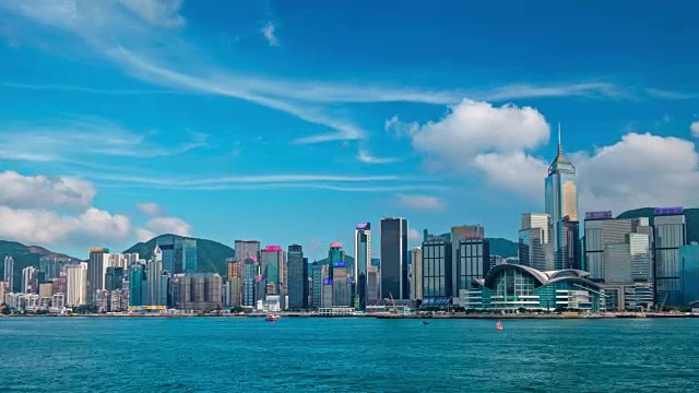 香港天际线的空中时间推移。中国香港