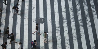 高角度/从上到下拍摄的人走在人行横道。人行横道上有一大群人的大城市。